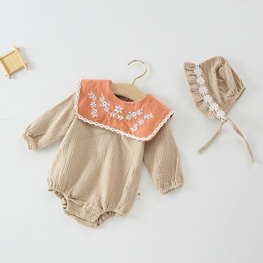 MyKids-USA® Baby Girl Floral Embroidery Pattern Long Sleeves Autumn Princess Bodysuit With Hat