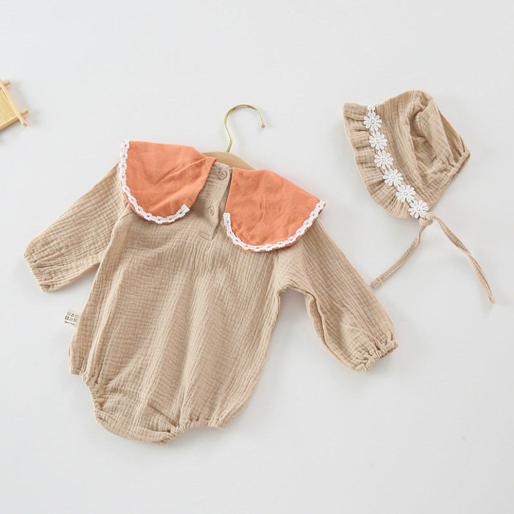 MyKids-USA® Baby Girl Floral Embroidery Pattern Long Sleeves Autumn Princess Bodysuit With Hat