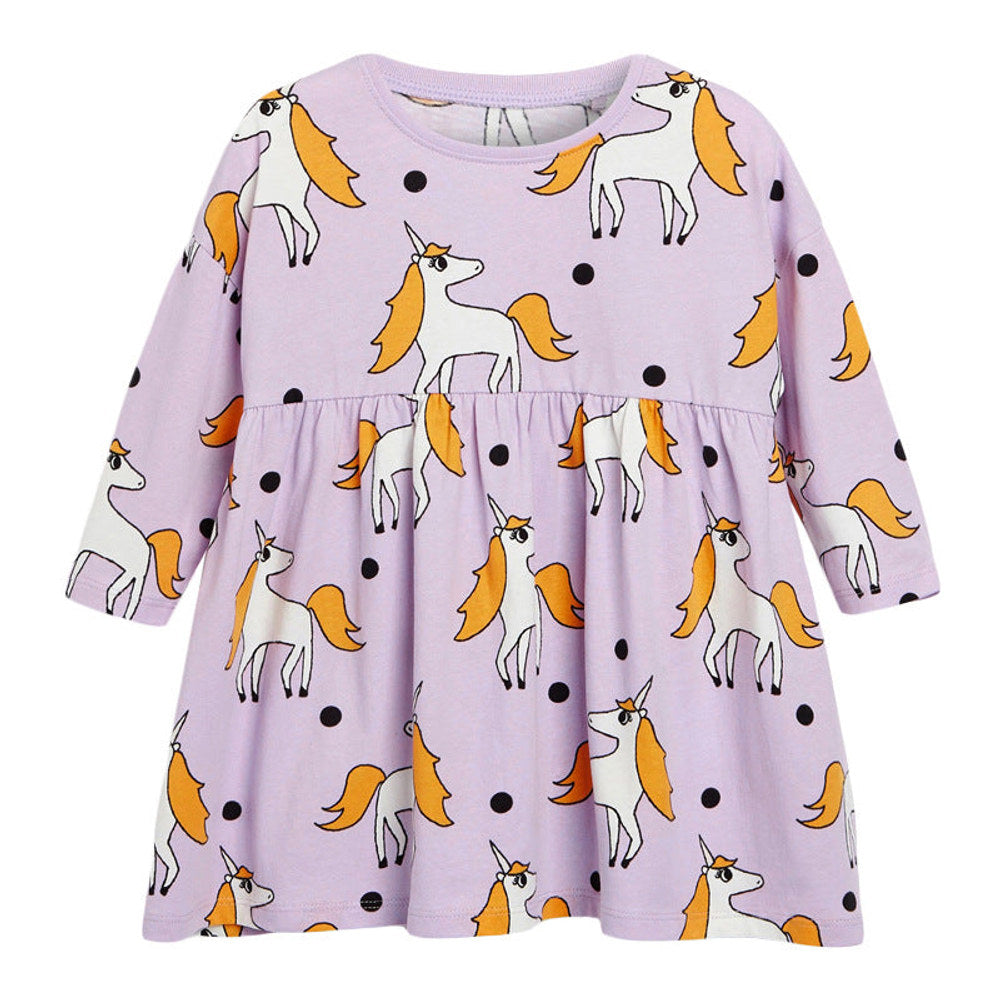 MyKids-USA® Baby Girl Unicorn Pattern Long Sleeves Style Dress In Wearing Outfits