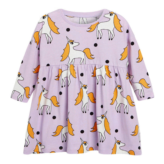Baby Girl Unicorn Pattern Long Sleeves Style Dress In Autumn Wearing Outfits