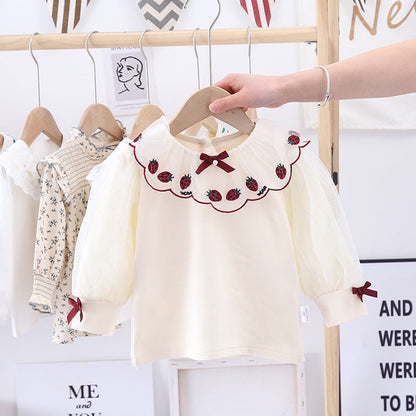 MyKids-USA® Baby Girl Strawberries Embroidered Graphic Doll Neck Puff Sleeves Bow Patched Shirt