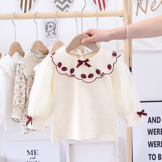 MyKids-USA® Baby Girl Strawberries Embroidered Graphic Doll Neck Puff Sleeves Bow Patched Shirt