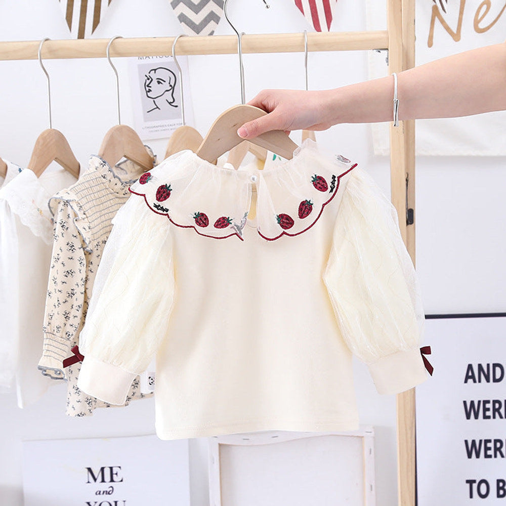 MyKids-USA® Baby Girl Strawberries Embroidered Graphic Doll Neck Puff Sleeves Bow Patched Shirt