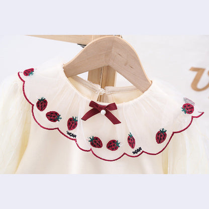 MyKids-USA® Baby Girl Strawberries Embroidered Graphic Doll Neck Puff Sleeves Bow Patched Shirt