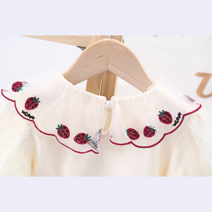 MyKids-USA® Baby Girl Strawberries Embroidered Graphic Doll Neck Puff Sleeves Bow Patched Shirt