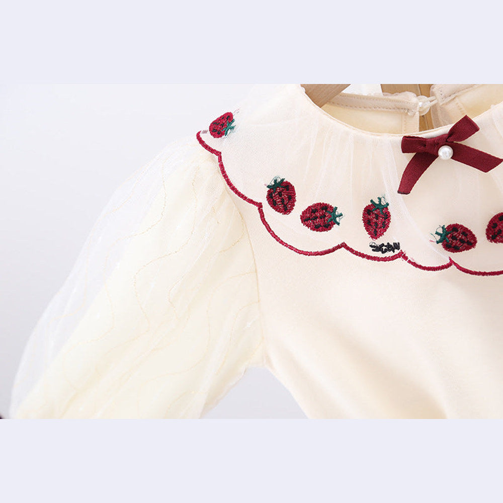 MyKids-USA® Baby Girl Strawberries Embroidered Graphic Doll Neck Puff Sleeves Bow Patched Shirt