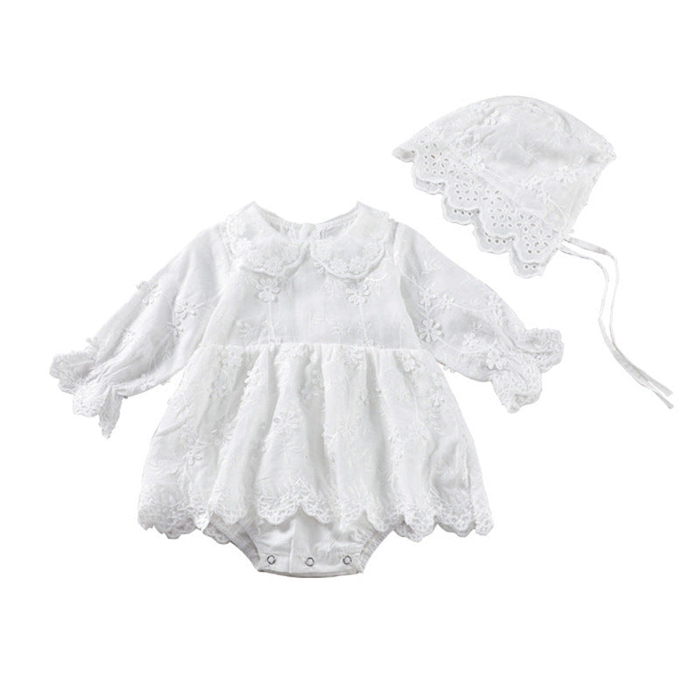 MyKids-USA® Baby Girl Solid Color Flower Embroidered Design Doll Neck Long Sleeves bodysuit Dress