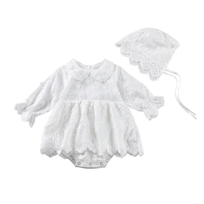 MyKids-USA® Baby Girl Solid Color Flower Embroidered Design Doll Neck Long Sleeves bodysuit Dress