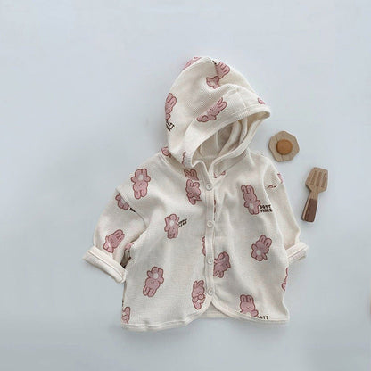 MyKids-USA® Baby Waffle Fabric Cartoon Bear Print Single Breasted Design Cardigan With Hat