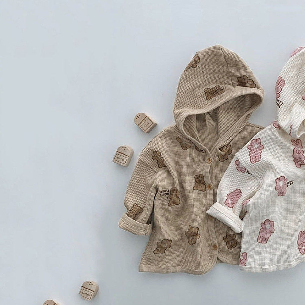 MyKids-USA® Baby Waffle Fabric Cartoon Bear Print Single Breasted Design Cardigan With Hat