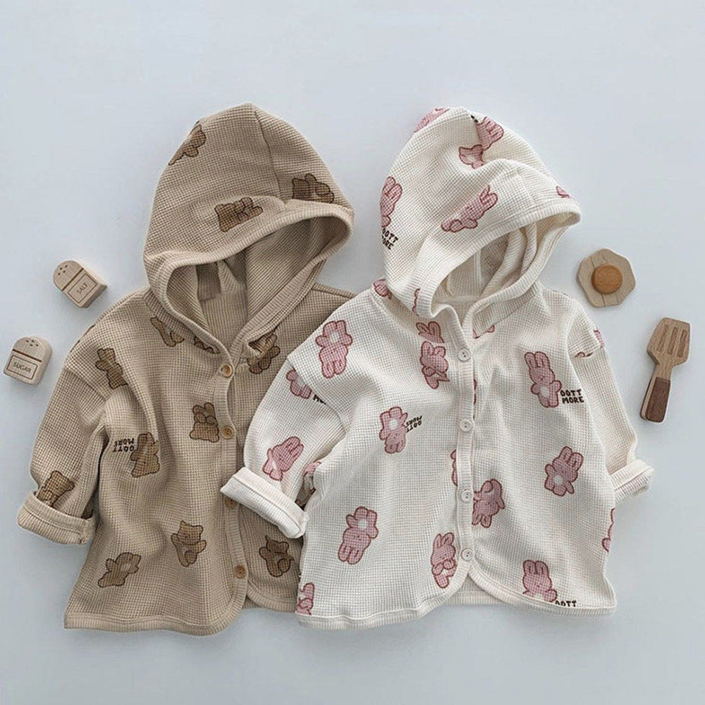 MyKids-USA® Baby Waffle Fabric Cartoon Bear Print Single Breasted Design Cardigan With Hat