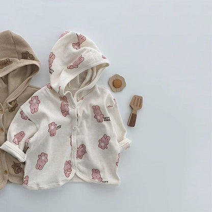 MyKids-USA® Baby Waffle Fabric Cartoon Bear Print Single Breasted Design Cardigan With Hat