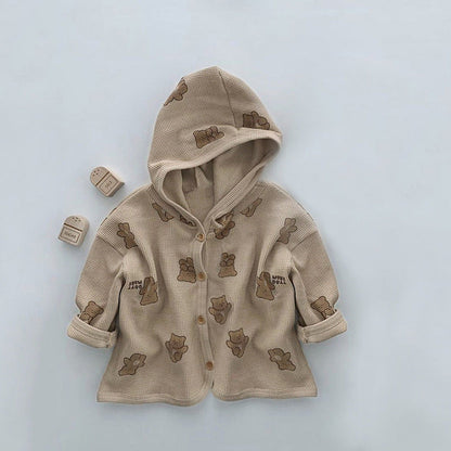 MyKids-USA® Baby Waffle Fabric Cartoon Bear Print Single Breasted Design Cardigan With Hat