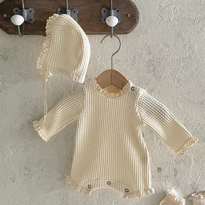 MyKids-USA® Baby Girl Solid Color Waffle Pattern Lace Design Long Sleeves Triangle Bodysuit