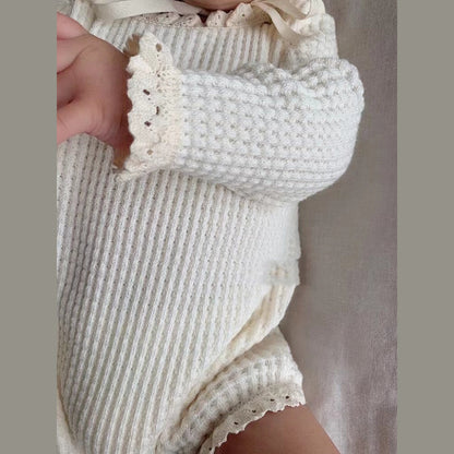 MyKids-USA® Baby Girl Solid Color Waffle Pattern Lace Design Long Sleeves Triangle Bodysuit