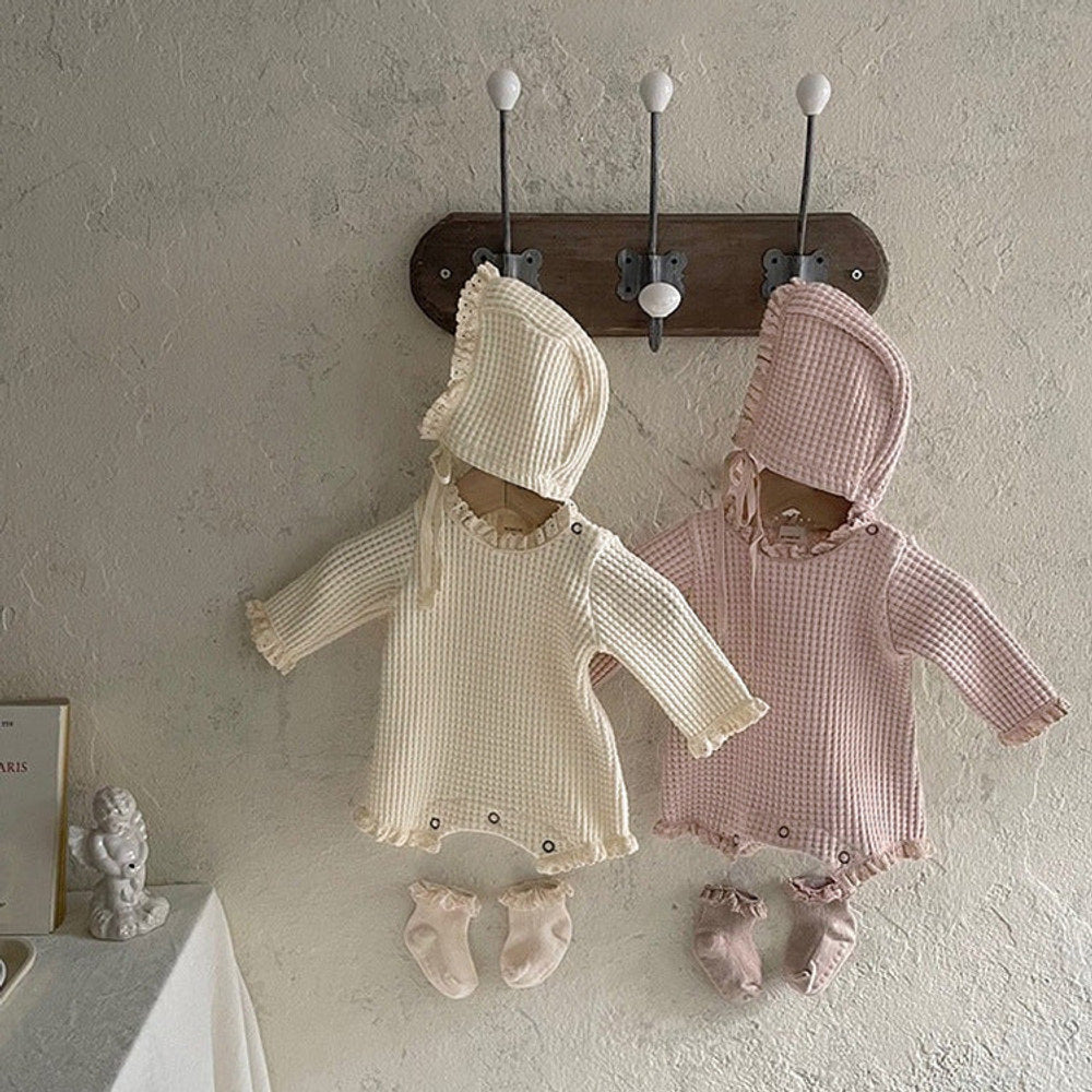 MyKids-USA® Baby Girl Solid Color Waffle Pattern Lace Design Long Sleeves Triangle Bodysuit