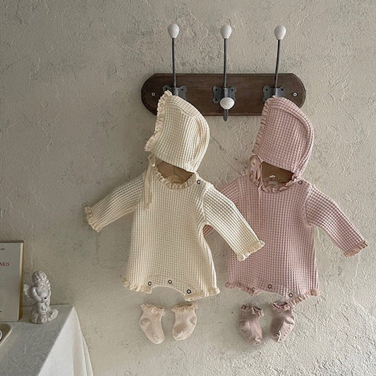 MyKids-USA® Baby Girl Solid Color Waffle Pattern Lace Design Long Sleeves Triangle Bodysuit