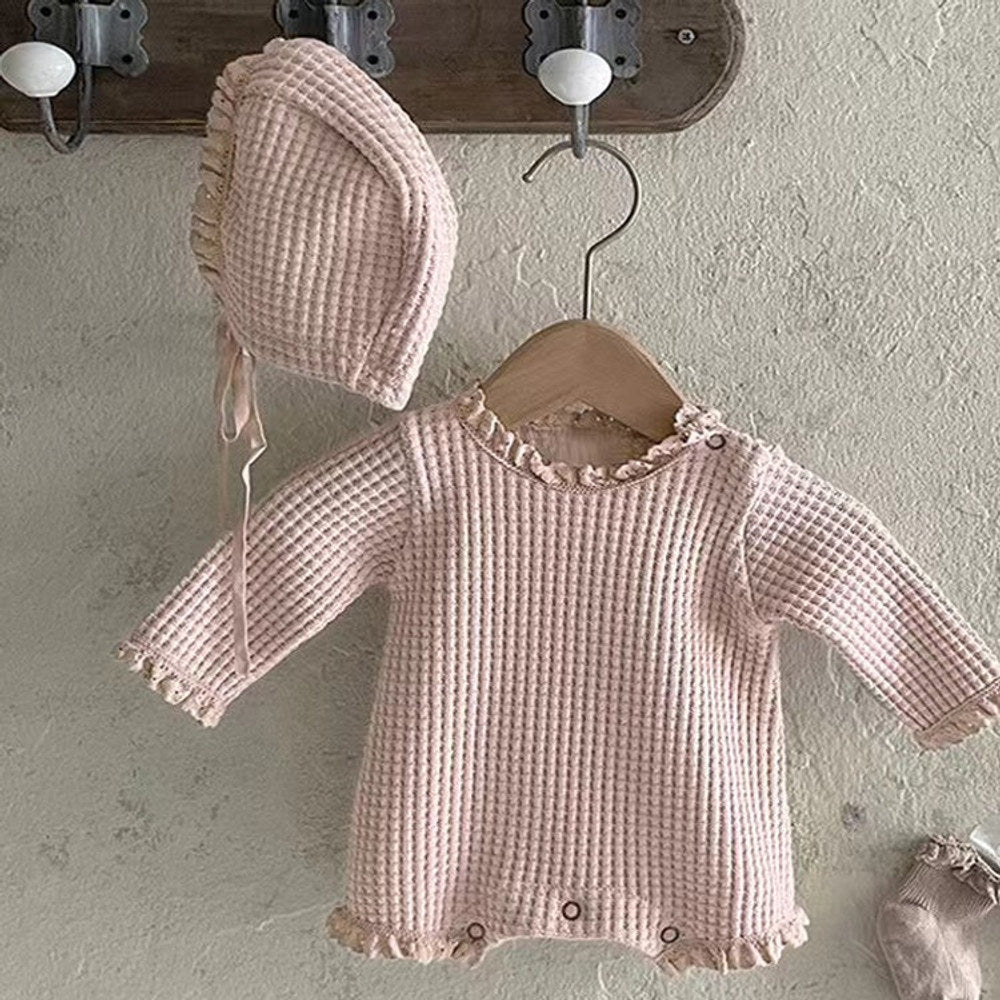 MyKids-USA® Baby Girl Solid Color Waffle Pattern Lace Design Long Sleeves Triangle Bodysuit