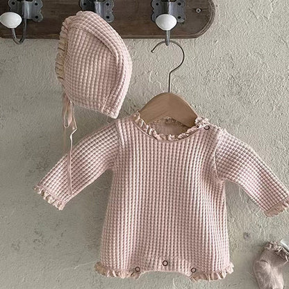 MyKids-USA® Baby Girl Solid Color Waffle Pattern Lace Design Long Sleeves Triangle Bodysuit