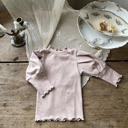 MyKids-USA® Baby Girl Solid Color Trim Design Long Puff Sleeves Cotton Shirt