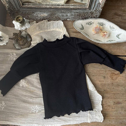MyKids-USA® Baby Girl Solid Color Trim Design Long Puff Sleeves Cotton Shirt
