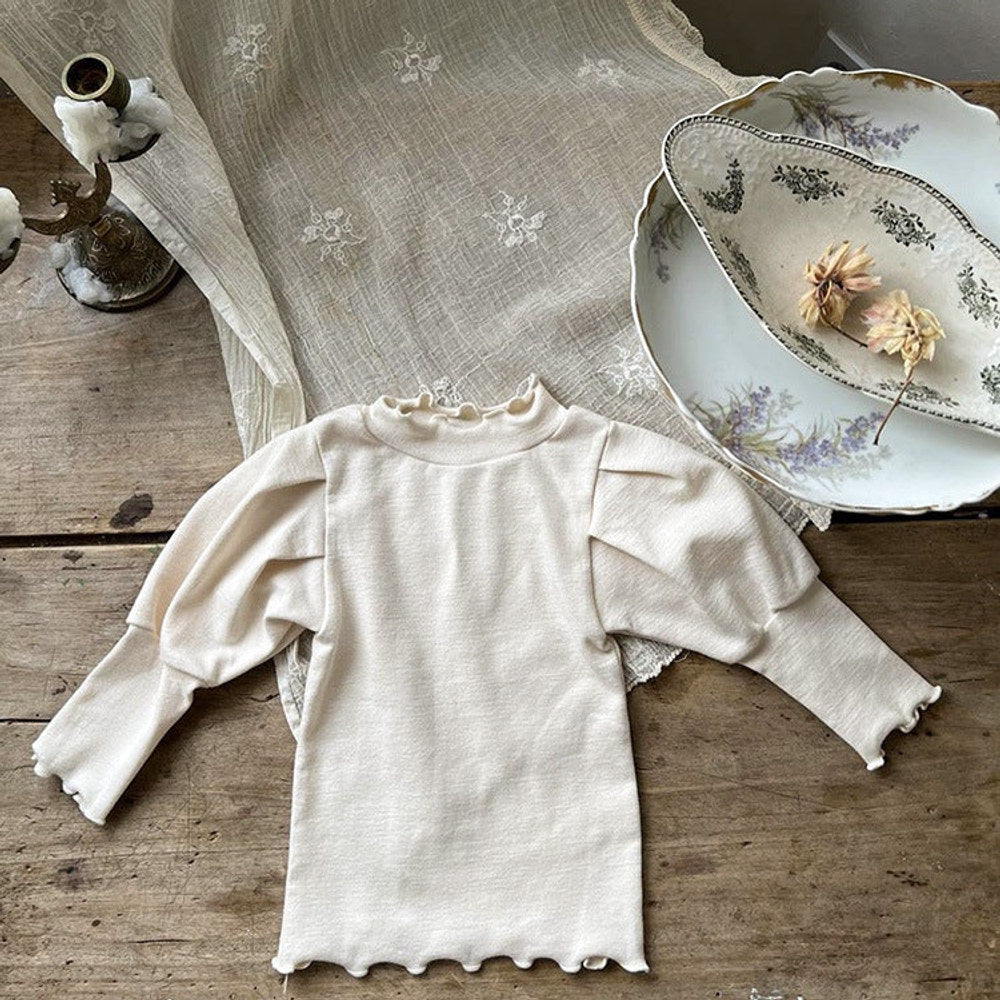 MyKids-USA® Baby Girl Solid Color Trim Design Long Puff Sleeves Cotton Shirt