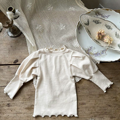 MyKids-USA® Baby Girl Solid Color Trim Design Long Puff Sleeves Cotton Shirt