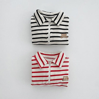 Baby Striped & Cartoon Patched Graphic Polo Neck Long Sleeves Bodysuit bodysuit