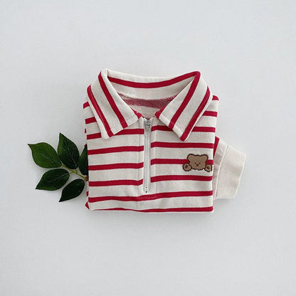 Baby Striped & Cartoon Patched Graphic Polo Neck Long Sleeves Bodysuit bodysuit