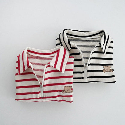 Baby Striped & Cartoon Patched Graphic Polo Neck Long Sleeves Bodysuit bodysuit