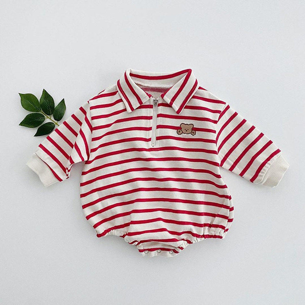 Baby Striped & Cartoon Patched Graphic Polo Neck Long Sleeves Bodysuit bodysuit