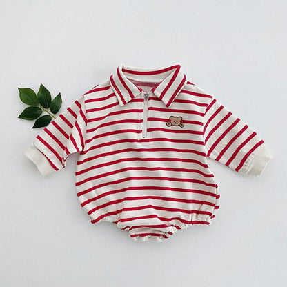 Baby Striped & Cartoon Patched Graphic Polo Neck Long Sleeves Bodysuit bodysuit