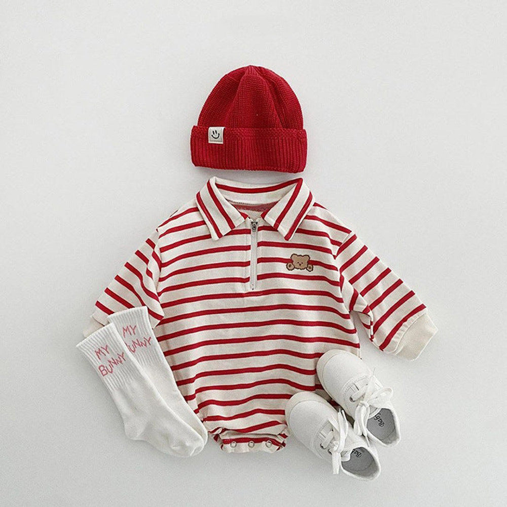 Baby Striped & Cartoon Patched Graphic Polo Neck Long Sleeves Bodysuit bodysuit