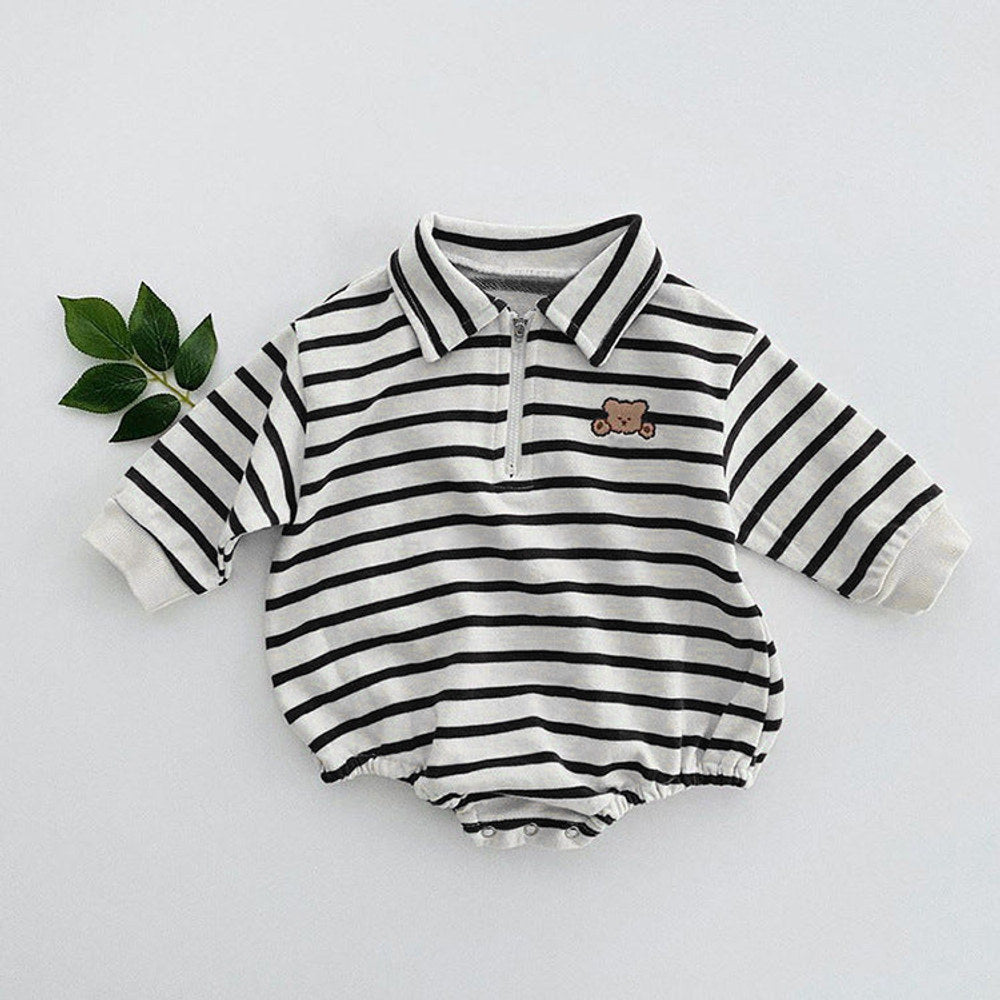 Baby Striped & Cartoon Patched Graphic Polo Neck Long Sleeves Bodysuit bodysuit