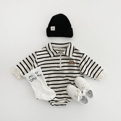 Baby Striped & Cartoon Patched Graphic Polo Neck Long Sleeves Bodysuit bodysuit