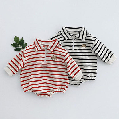 Baby Striped & Cartoon Patched Graphic Polo Neck Long Sleeves Bodysuit bodysuit