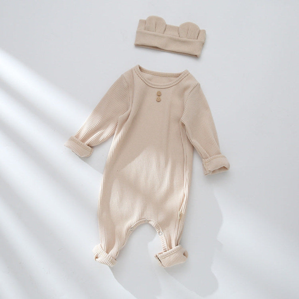 MyKids-USA® Baby Solid Color Pit Strip Graphic Long Sleeves Soft Cotton Romper Jumpsuit With Headband