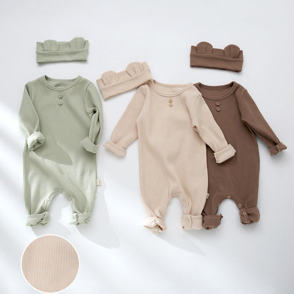 MyKids-USA® Baby Solid Color Pit Strip Graphic Long Sleeves Soft Cotton Romper Jumpsuit With Headband