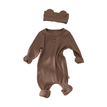 MyKids-USA® Baby Solid Color Pit Strip Graphic Long Sleeves Soft Cotton Romper Jumpsuit With Headband