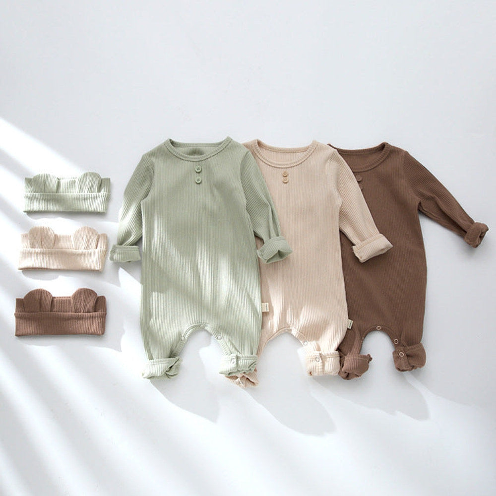 MyKids-USA® Baby Solid Color Pit Strip Graphic Long Sleeves Soft Cotton Romper Jumpsuit With Headband