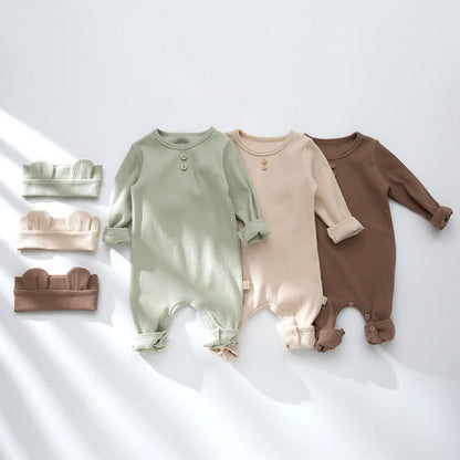MyKids-USA® Baby Solid Color Pit Strip Graphic Long Sleeves Soft Cotton Romper Jumpsuit With Headband