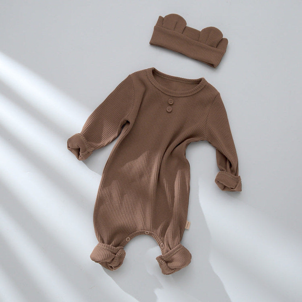 MyKids-USA® Baby Solid Color Pit Strip Graphic Long Sleeves Soft Cotton Romper Jumpsuit With Headband