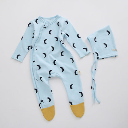 MyKids-USA® Baby Printed Graphic Side Button Design Long Sleeved Jumpsuit Romper Pajamas With Hat