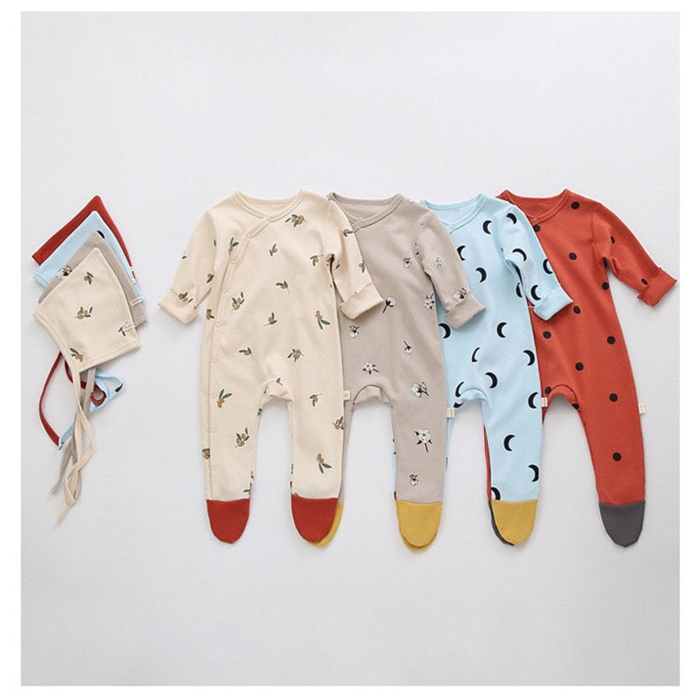 MyKids-USA® Baby Printed Graphic Side Button Design Long Sleeved Jumpsuit Romper Pajamas With Hat