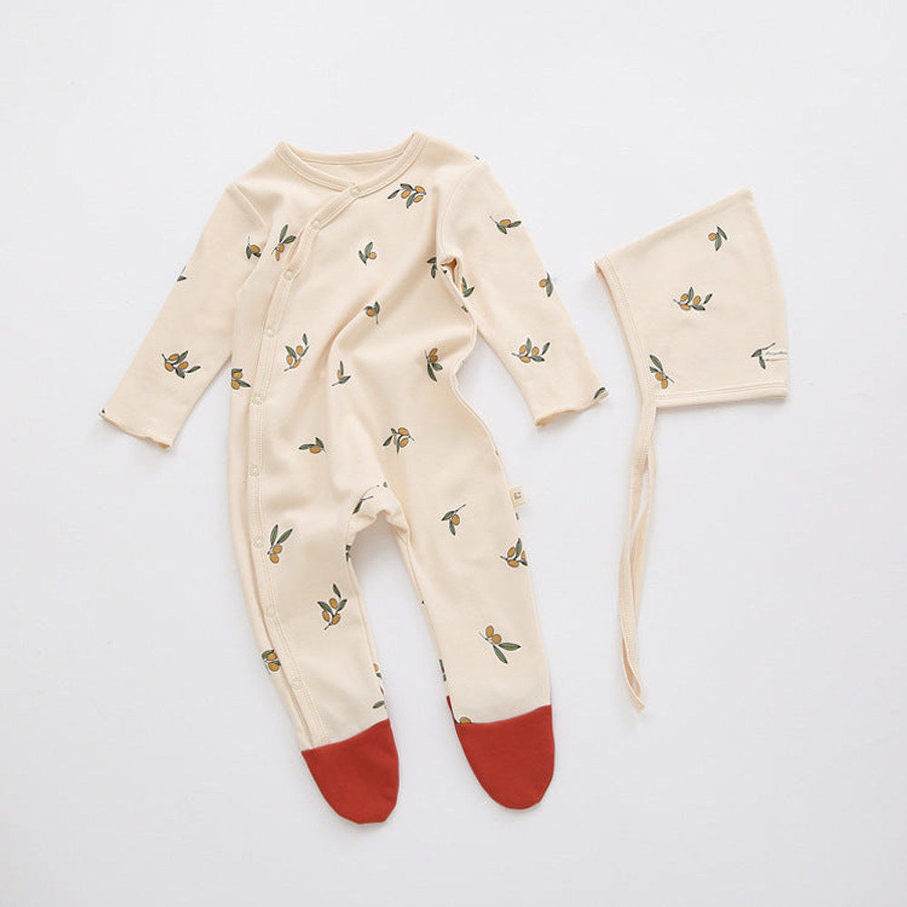 MyKids-USA® Baby Printed Graphic Side Button Design Long Sleeved Jumpsuit Romper Pajamas With Hat