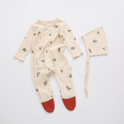 MyKids-USA® Baby Printed Graphic Side Button Design Long Sleeved Jumpsuit Romper Pajamas With Hat