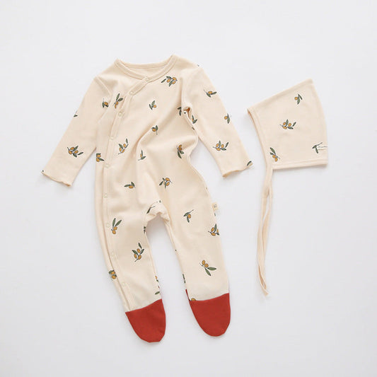 MyKids-USA® Baby Printed Graphic Side Button Design Long Sleeved Jumpsuit Romper Pajamas With Hat