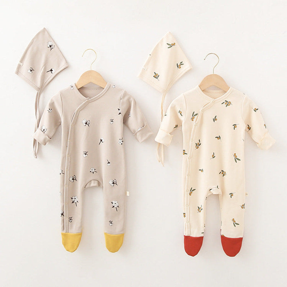 MyKids-USA® Baby Printed Graphic Side Button Design Long Sleeved Jumpsuit Romper Pajamas With Hat