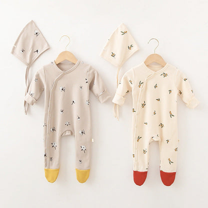 MyKids-USA® Baby Printed Graphic Side Button Design Long Sleeved Jumpsuit Romper Pajamas With Hat