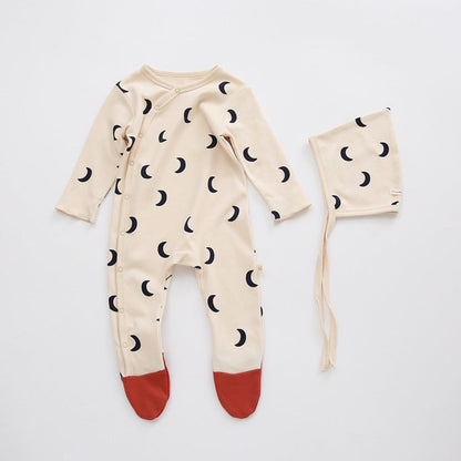 MyKids-USA® Baby Printed Graphic Side Button Design Long Sleeved Jumpsuit Romper Pajamas With Hat